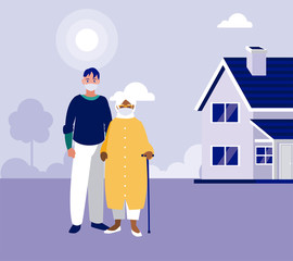 Man and grandmother with masks outside house vector design