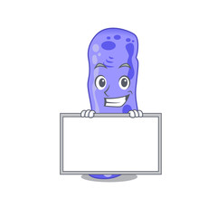 Smiling legionella cartoon design style has a board