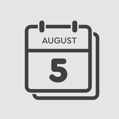 Calendar icon day 5 August, date days of the year