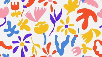 Fototapeten Doodle seamless pattern, various hand drawn flowers and leaves in colorful color on light grey © momosama