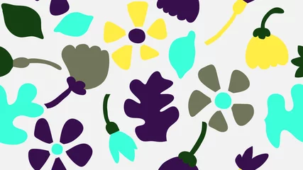 Schilderijen op glas Doodle seamless pattern, various hand drawn flowers and leaves in blue and yellow on light grey © momosama