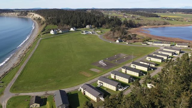 Aerial / drone footage of Fort Casey State Park on Whidbey Island near Seattle, Washington during the COVID-19 pandemic closure