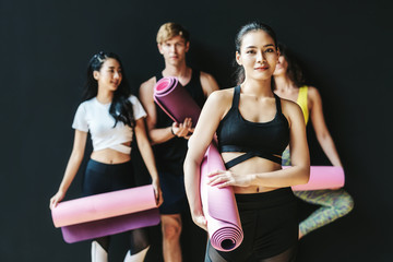 Group of diversity sporty people standing and talking with happiness motion and wearing sportswear bra fashion