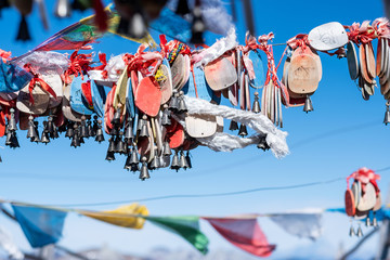 Prayer flags and stupa at the peak of Shika Snow Mountain or Blue Moon Valley, landmark and popular...