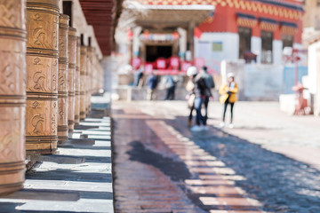 Tibetan bell at cable car base station to Shika Snow Mountain or Blue Moon Valley, landmark and popular for tourists attractions in Zhongdian city (Shangri-La). Yunnan, China.