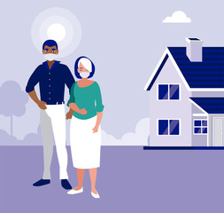 Woman and man couple with masks outside house vector design