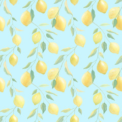 Watercolor seamless pattern with yellow lemons and leaves on blue background. Mediterranean pattern. Watercolor hand drawn.  For textile, covers, fabric, napkins, tablecloths. Summer, spring season