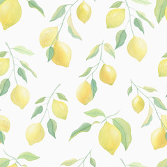 Watercolor seamless pattern with yellow lemons and leaves on white background. Mediterranean pattern. Watercolor hand drawn.  For textile, covers, fabric, napkins, tablecloths. Summer, spring season