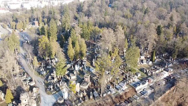 Aerial View of Lychakiv Cemetery | Lviv Cemetary in Ukraine | Famous Creepy and Old design and sculpture of Tombs and Mausoleum. 