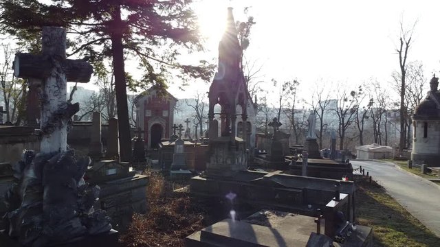 Aerial View of Lychakiv Cemetery | Lviv Cemetary in Ukraine | Famous Creepy and Old design and sculpture of Tombs and Mausoleum. 