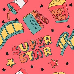 Vector seamless pattern-movie industry. Cartoon bright characters. Summer background.