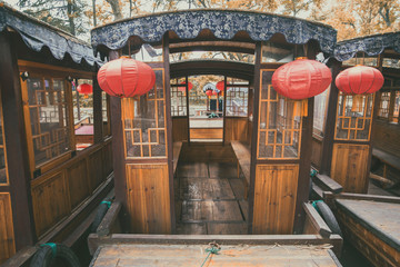 asian boat with chinese lanterns