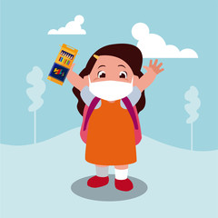 Girl kid cartoon with mask school bag and colors at park vector design