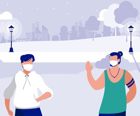 Men with masks outside at park vector design