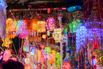 Chistmas sale of goods at iluminated shop of New Market at esplanade area in the evening. It is one of the oldest and busiest markets in Kolkata.