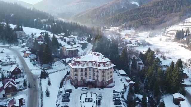 Aerial Shot | Gemba Mountains Ukraine | Ski & Snowboarding mountain in Ukraine | Snow & Winter Time in Ukraine Village of Gemba | Top of the Mountain | Sea of Clouds in Mountains.