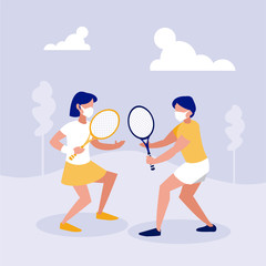 Women and man with mask playing tennis at park vector design