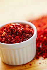 Ground red chili pepper in ramekin 