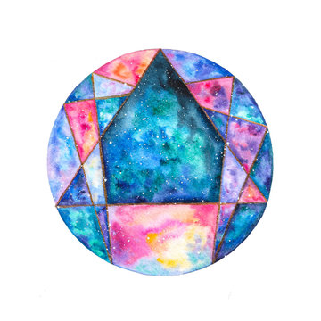 Watercolor enneagram icon colorful illustration. Enneagram of Personality. Sign, logo, pictogram, ring and typical structured figure. Rainbow gradient colored illustration on white background