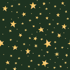 Watercolor seamless pattern with stars on a dark green background drawn by watercolor.