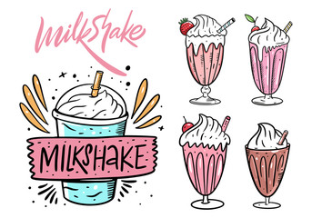 Milkshake set. Cartoon flat vector illustration. Isolated on white background.