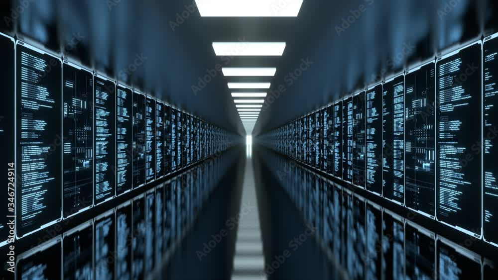 Poster Data center walk through. Perfect seamless loop Led monitor screens showing and analyzing source code and binary information. Concept for big data processing, computer site, high tech facility. 