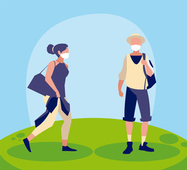 Woman and man avatar with mask outside vector design