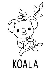 Coloring pages, black and white cute kawaii hand drawn koala doodles, lettering koala