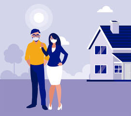 Woman and man couple with masks outside house vector design