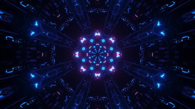 Motion graphics sci fi tunnel and tower descending down, neon teal and orange
