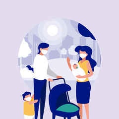 Family with masks at park in front of city vector design