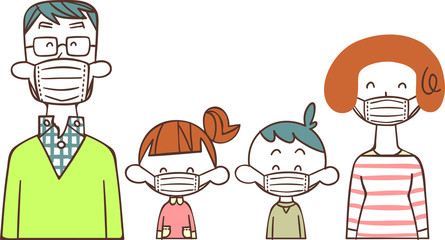 マスクをつけて笑顔の４人家族
