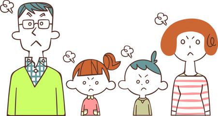 怒っている横並びの４人家族
