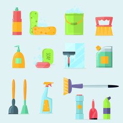 cleaning supplies tools flat icons set
