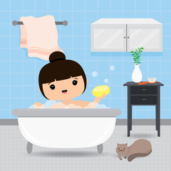 Quarantine, stay at home concept. Working from home, Woman take a shower in bathtub, Routine activity in the morning. Character Cartoon Vector illustration
