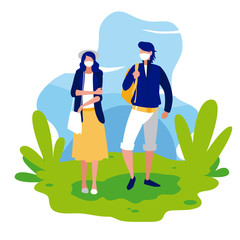 Woman and man avatars with masks outside vector design