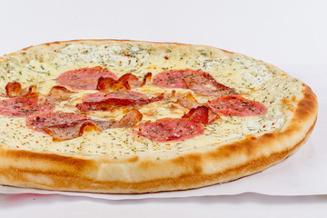 Tortilla with bacon, cheese shot on a white background