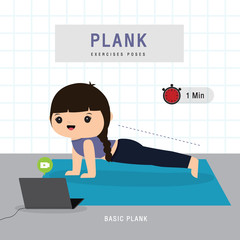 Plank Workout. Woman doing Planking exercise and yoga training at gym home, stay at home concept. Character Cartoon Vector illustration