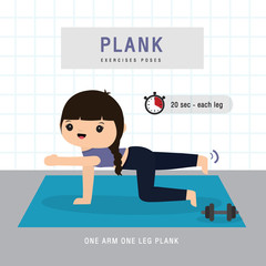 Plank Workout. Woman doing Planking exercise and yoga training at gym home, stay at home concept. Character Cartoon Vector illustration