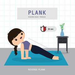 Plank Workout. Woman doing Planking exercise and yoga training at gym home, stay at home concept. Character Cartoon Vector illustration