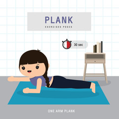 Plank Workout. Woman doing Planking exercise and yoga training at gym home, stay at home concept. Character Cartoon Vector illustration