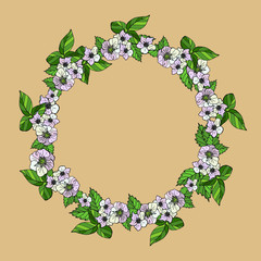 Wreath of raspberry flowers.  Decorative  floral frame for festive design. Cartoon style. Stock illustration.