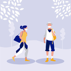 Fototapeta premium Woman and man with mask outside vector design
