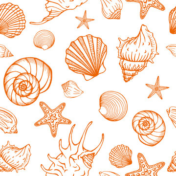 Seamless pattern with seashells and starfishes. Marine background.  Hand drawn vector illustration in sketch style. Perfect for greetings, invitations, coloring books, textile, wedding and web design.