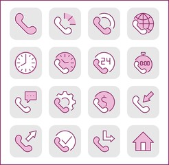 Set of Phone vector line icons. It contains the symbols of incoming, outgoing, missed calls, global call and round the clock online support and much more. Editable Stroke. 32x32 pixels.