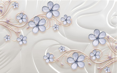 3d illustration, light embossed background, beige ornamental abstract flowers with transparent crystals