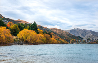 Obraz premium Autumn leaves orange red yellow trees mountain lake
