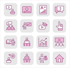 Set of Business Training Related Vector Line Icons. Contains such Icons as Teacher, Class, Presentation, Video, Book, Mentoring, Target and more. Editable Stroke. 32x32 Pixels.