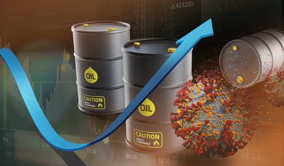 3D rendered Increasing oil price realistic barrel with increasing arrow. 3D illustration.