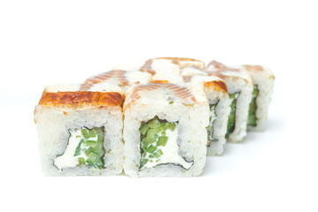 sushi and rolls on a white background food